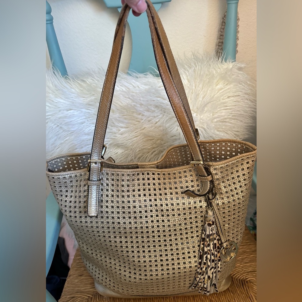 Michael Kors Gold Leather Perforated Large Tote Bag/Shoulder Bag/Beach Bag